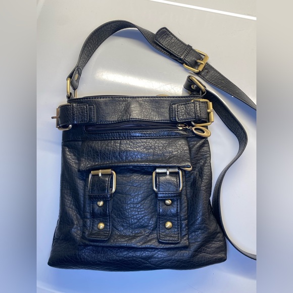Black Vegan Leather Crossbody Bag w/ Compartments and‎ Pockets and Gold Hardware - Picture 1 of 10